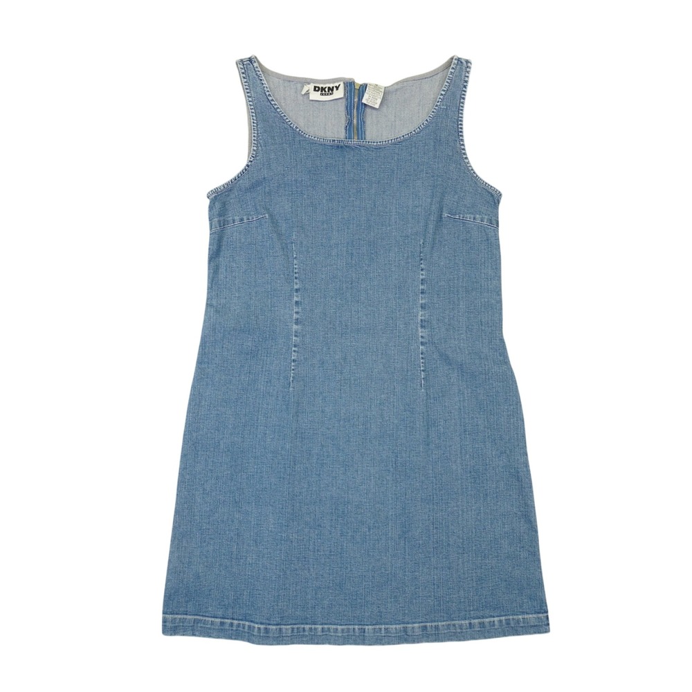 Vintage DKNY Denim Dress Womens 12 Sleeveless Back Zip Scoop Neck Mini Shift 90s